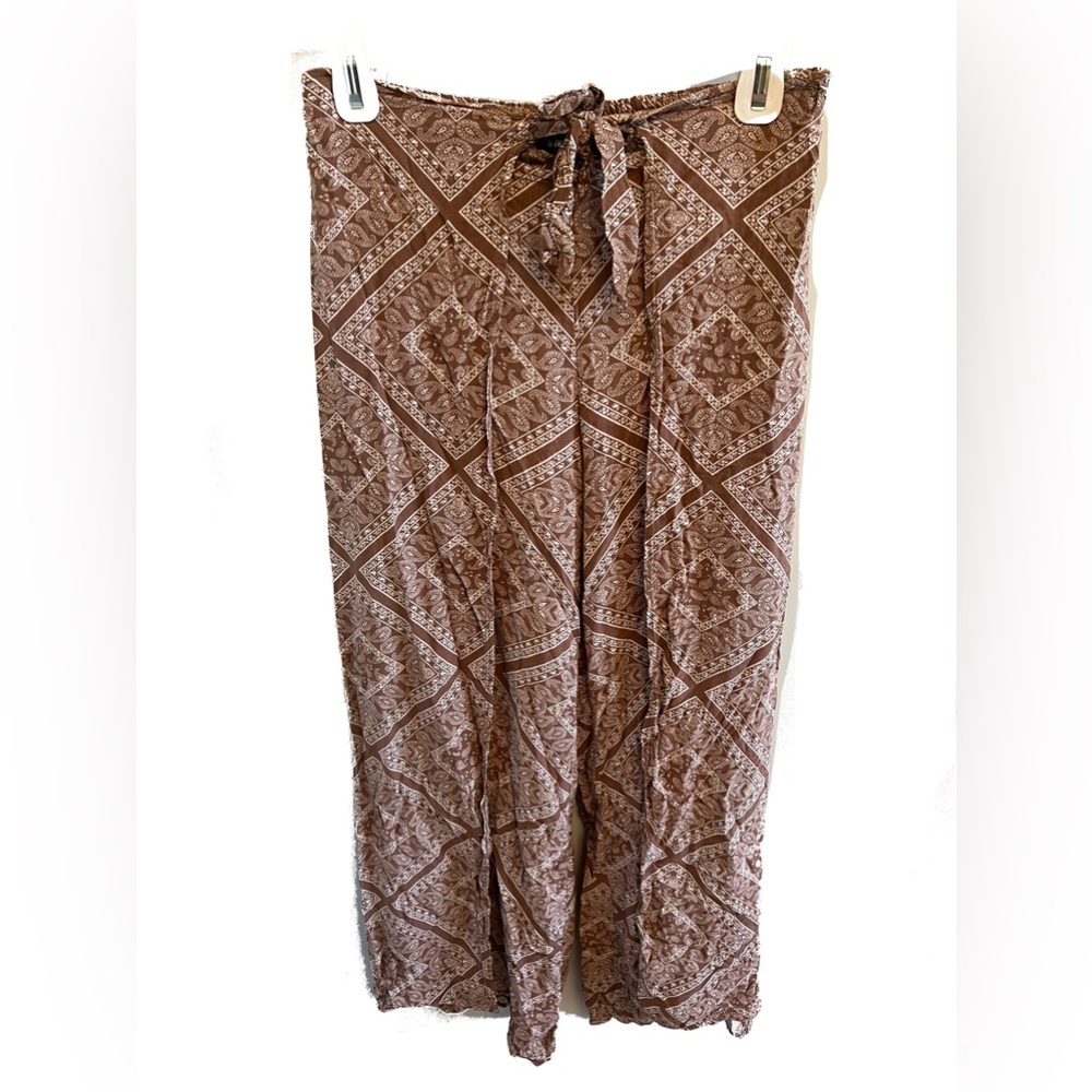 JWLOVESME Brown & White Wrap Style Tie Front High Slit Flowy Boho Palazzo Pants